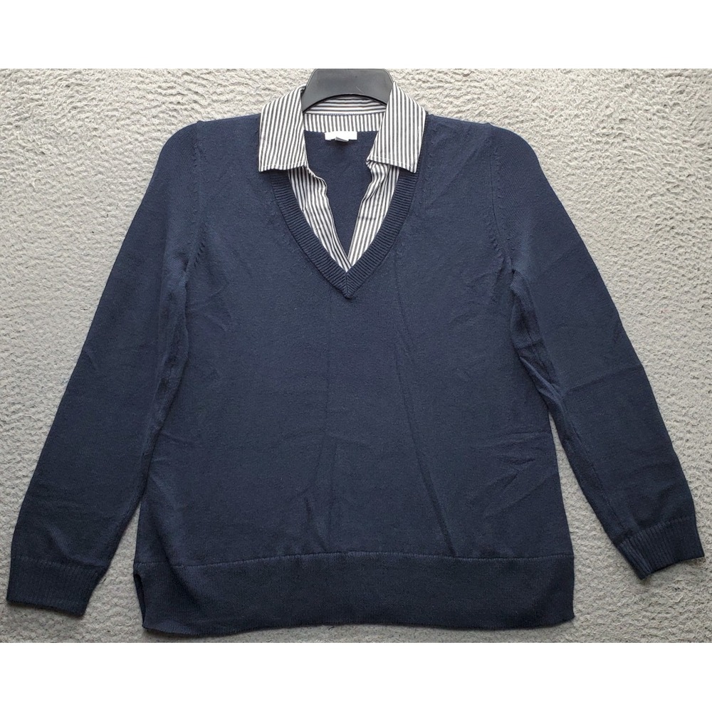 J. Jill Twofer Sweater Womens Small Navy Knit Long Sleeve Striped Collar V-Neck
